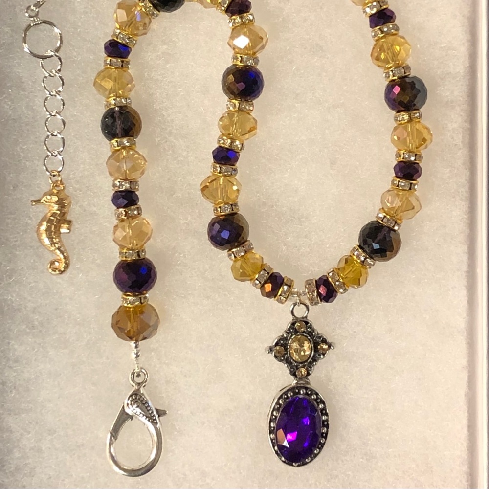 DAWN ASIA Necklace. Glittering Purple & Cognac Artisan Glass w Seahorse Charm